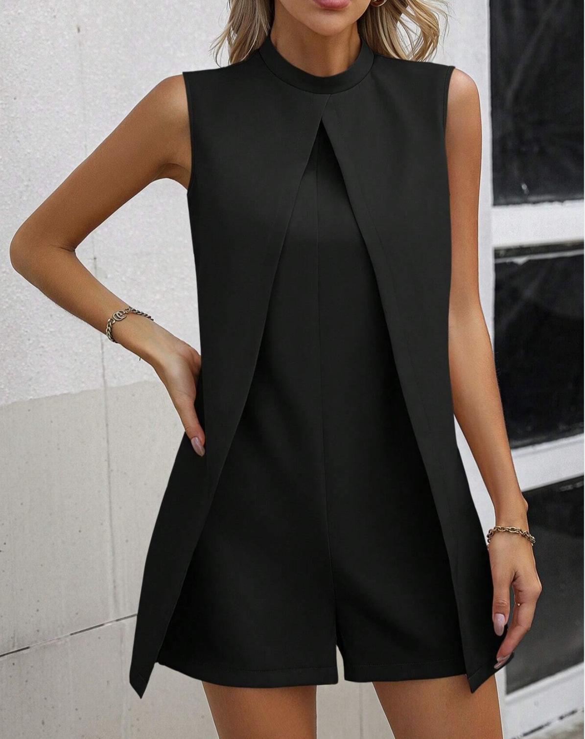 

Летний однотонный комбинезон без рукавов с воротником-стойкой, шорты большого размера Medium чёрный