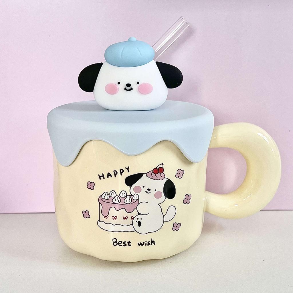 High-value Cute Puppy Mug with Lid Large-capacity Ceramic Drinking Cup Girls Birthday Gift Creative Cup