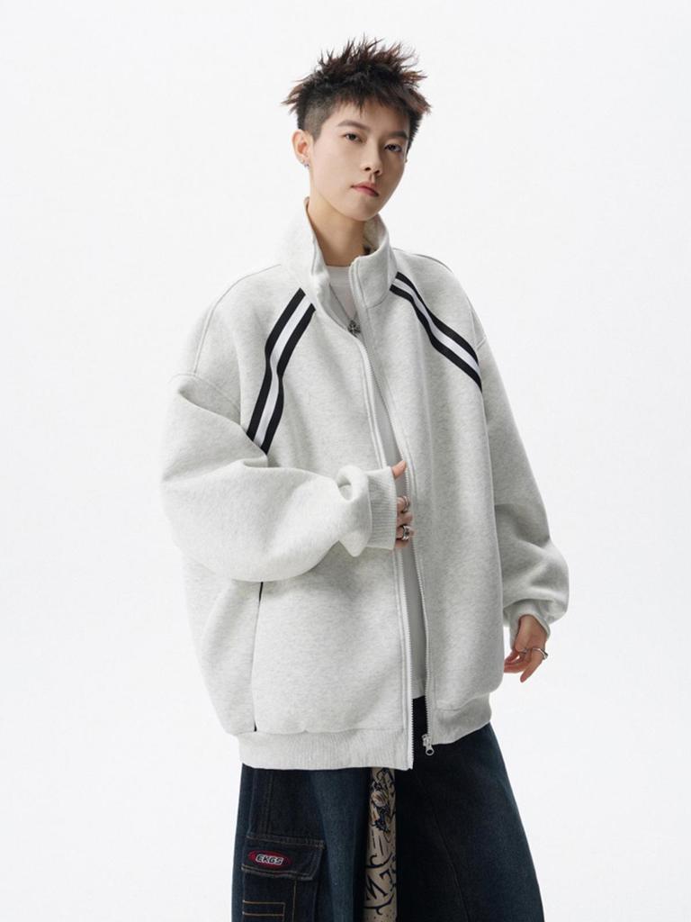 Men's Winter Patchwork Stand Collar Hoodie - Trendy Striped Casual Jacket