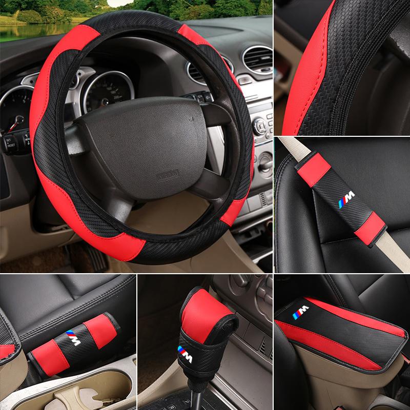 6Pcs Steering Wheel Cover Safety Shoulder Cover Armrest Pad Handbrake Sleeve For BMW 1 3 5 7 Series M X1 X3 X5 F30 M3 M4 E34 E46 VE2