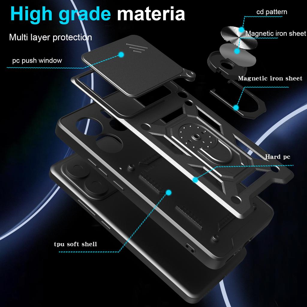 For Xiaomi Redmi Note 14 4G (164.84mm) Case with Slide Camera Lid PC+TPU Kickstand Phone Cover