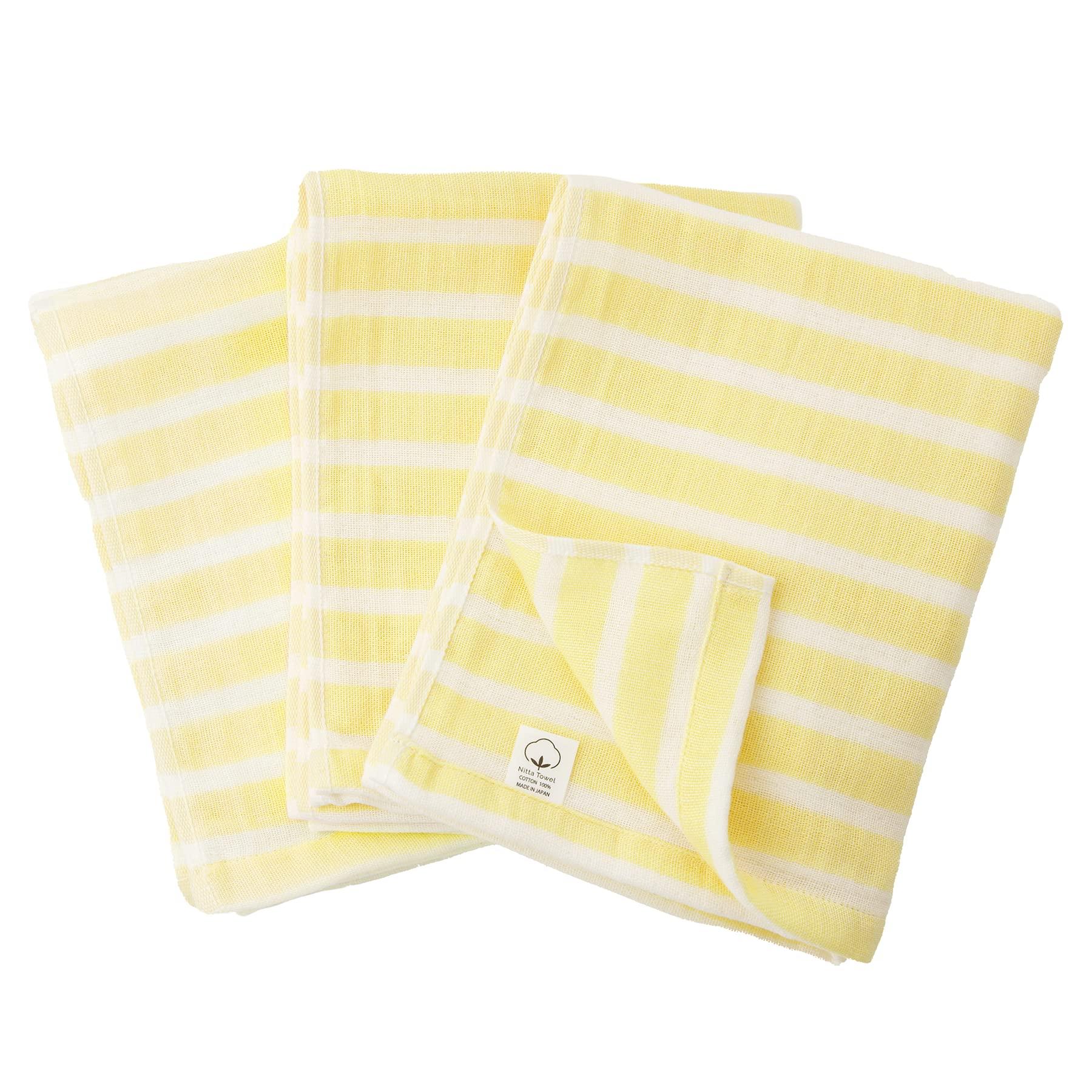 

Mukotowel Gauze Border Face Senshu Made in Set of Light Yellow Double-Ply Towels, Towels, Thin, Japan, Quick-Drying, 3,