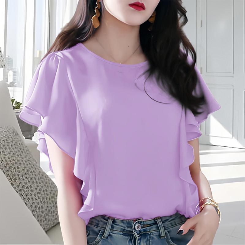 

ZANZEA Женская повседневная блузка с круглым вырезом, свободного кроя, с оборками, с коротким рукавом, однотонная XL фиолетовый