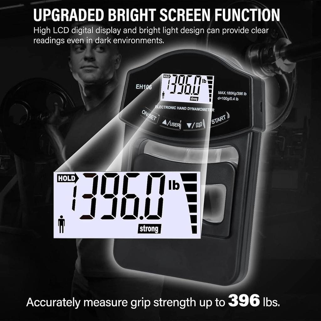 Grip Strength Tester, 396Lbs/180kg Digital Hand Dynamometer Grip Strength Meter USB Rechargeable Bright LCD Screen Hand Grip Dynamometer for Sport,