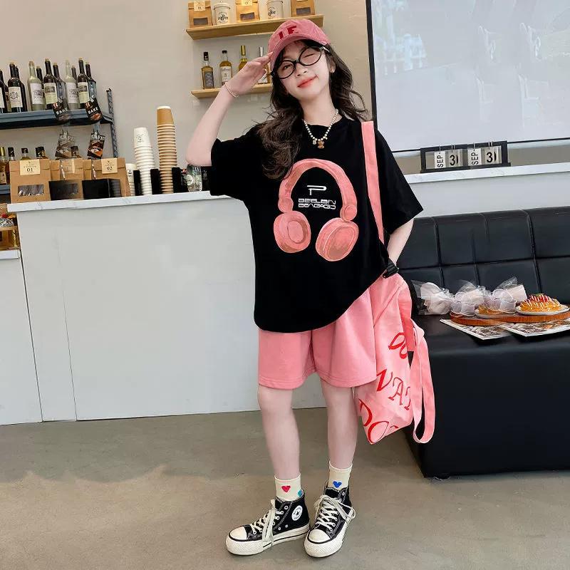 Summer Girls T-Shirts Sets New Kids Short Sleeve Tops+Shorts 2Pcs Children Clothes Outfits Teen Loose Casual Suits Sportsuit