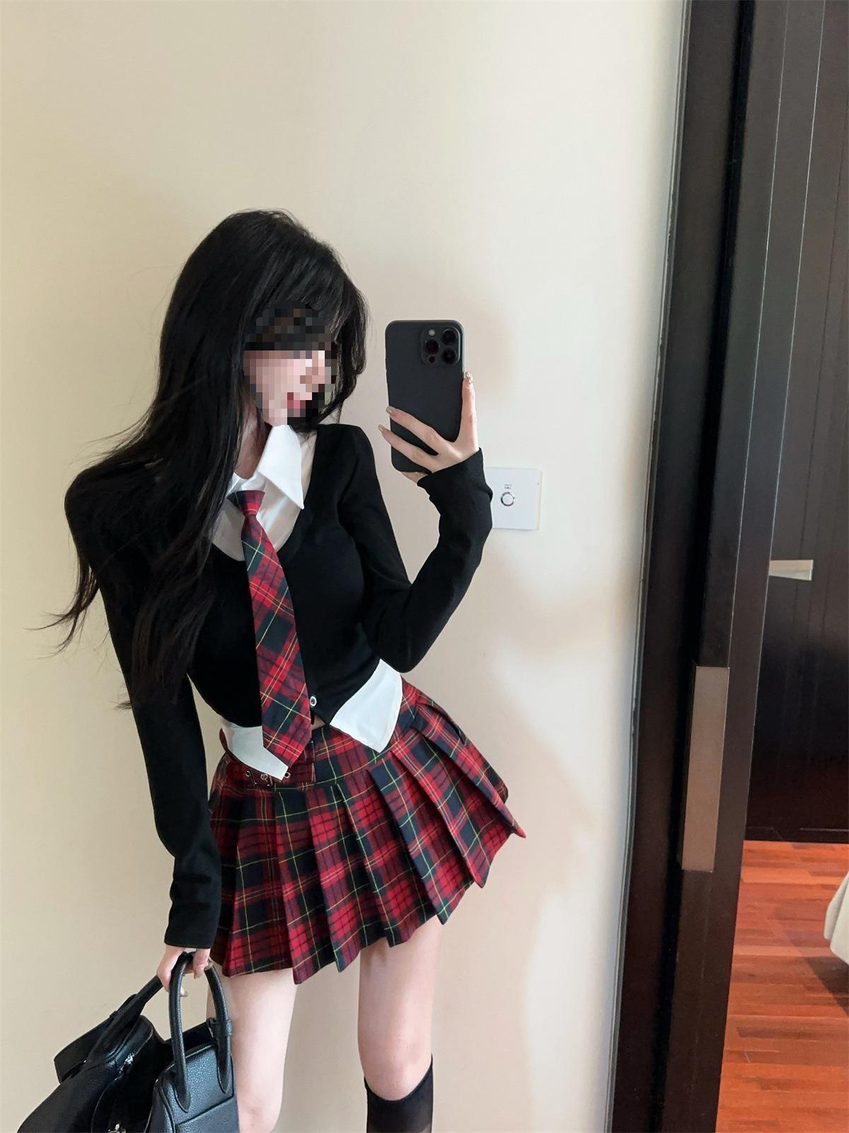 

Женский комплект формы в стиле японской школьной формы JK: Комплект из двух предметов: топ с имитацией и юбка-миди с высокой талией для осени/зимы Large