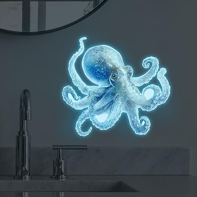 Blauwe Cartoon Octopus Toiletsticker Waterdicht Lichtgevend in het Donker Zelfklevend Verwijderbaar voor Badkamer Grappige Decoratie Ideeën