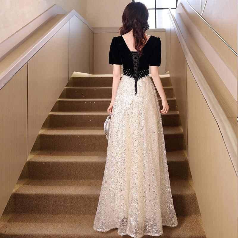 Black evening dress 1011 new light luxury niche French bar mitzvah student art test dress host dress