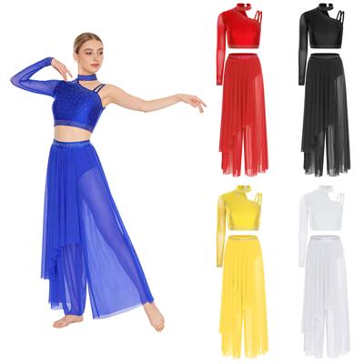 Asymetrický ramenní pódiový outfit pro ženy S-XXL: Třpytivý crop top s kamínky a jedinečné volné kalhoty s všitými šortkami