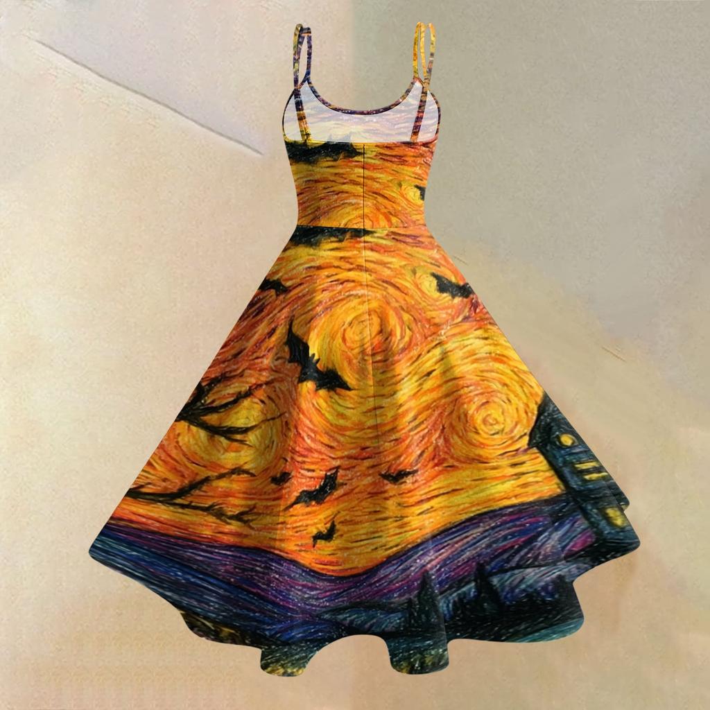 Women's Casual Sleeveless Halloween Print Dress for Holiday Parties and Everyday Wear