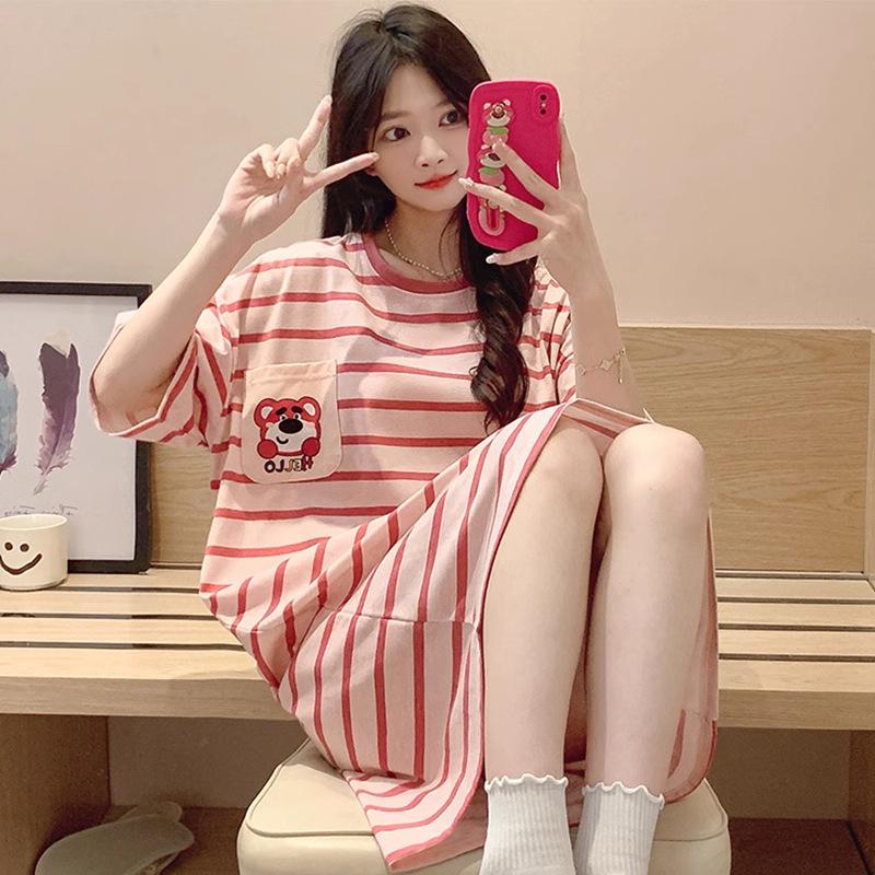 Pajamas Women's Summer Thin Pajamas Short Sleeves Large Size Fat Mm Medium and Long Pajamas Pajamas Loungewear