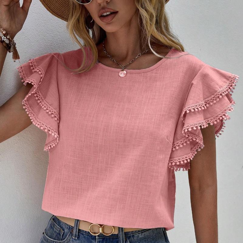 Moda Casual Cuello Redondo Tops de Verano para Mujer Camisas Sueltas Blusa Vintage de Encaje con Borlas y Mangas Volantes Camisa Lisa Elegante de Corte Ajustado para Mujer Nuevo 26424