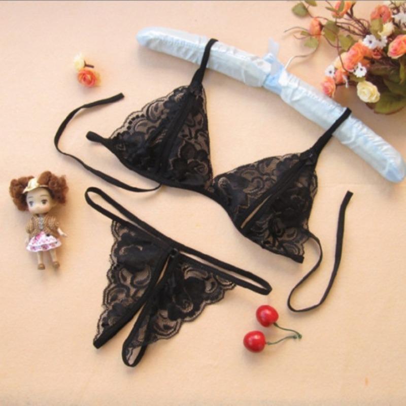 Women's Open-file Sexy Lace Transparent, Three-point Erotic Underwear Open-crotch Panties Seduction Set