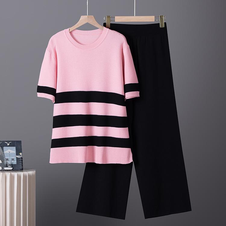 Color Block Striped Knit Top & High Waist Wide Leg Trousers Two-Piece Set