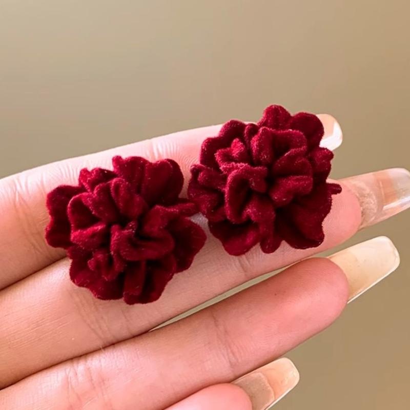 Винно-красные серьги-гвоздики в виде цветка из бархата для женщин Сложенные лепестки Необычные серьги Винтажные серьги Аксессуары для свадебной вечеринки