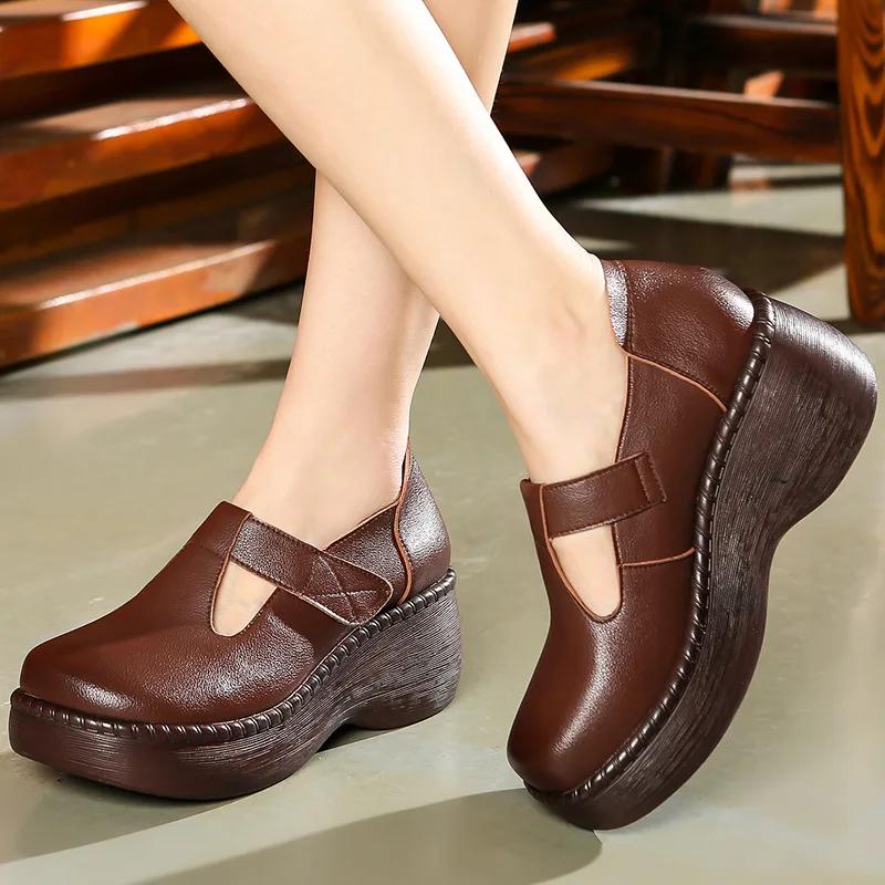 Fashion 2024New Genuine Leather Flat Platform Shoes For Women Retro Thick Heel Wedges Handmade Casual Shoes Leisure Ladies Platform Shoe