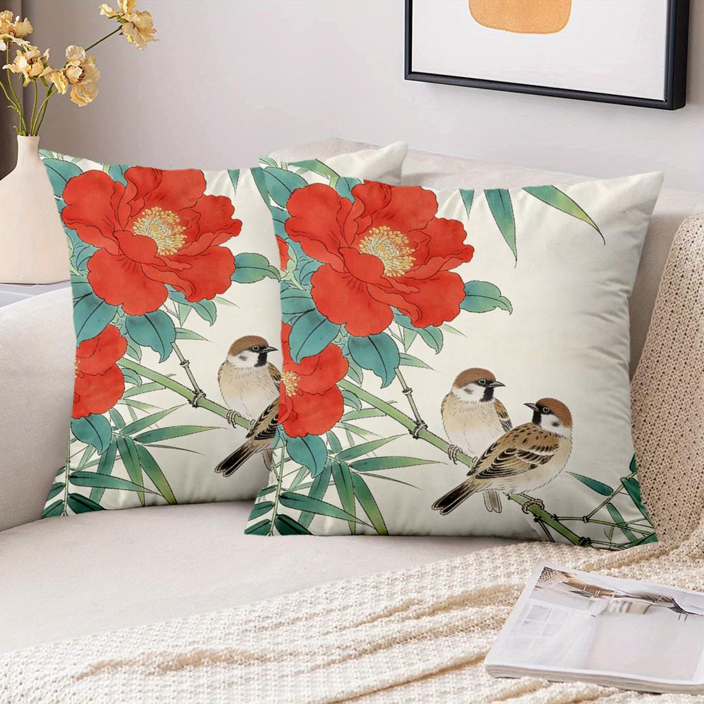 1 Pieces Red Flowers And Sparrows Printed Decorative Cushions Polyester Pillowcase, Sofa Decorative Cushion Cov Headboard Pillow