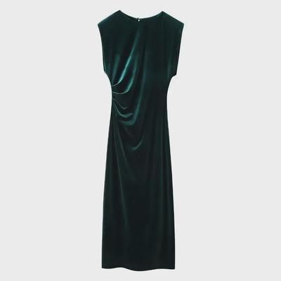 2023 Winter Women's Green Velvet Slit Midi Dress - European & American Style, Sleeveless, Round Neck