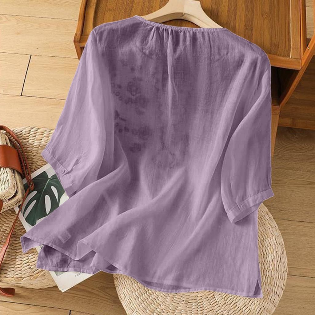 Women's Vintage Inspired Relaxed Fit Embroidered Cotton Linen Blend V-Neck Blouse With Mid Length Sleeves