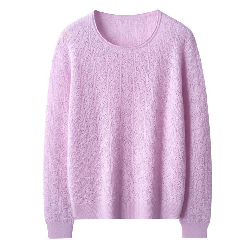 Autumn/Winter Pure Cashmere Floral Knit Sweater: Loose Fit, Rolled Hem, Round Neck, Long Sleeve