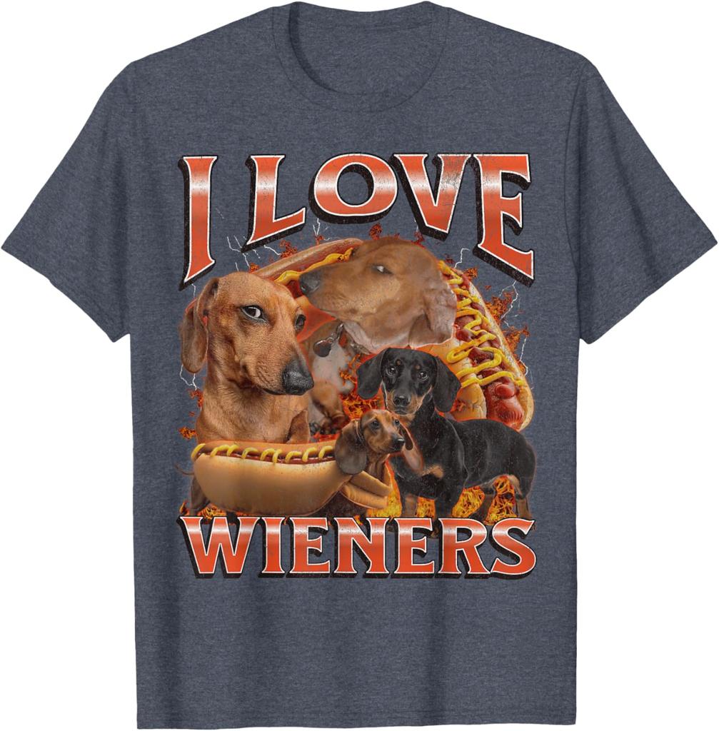 I Love Wieners Dachshund Dog Hot Dog Graphic Tee Funny Casual Cotton Short Sleeve T-Shirt Pets Owner Walking Outdoor