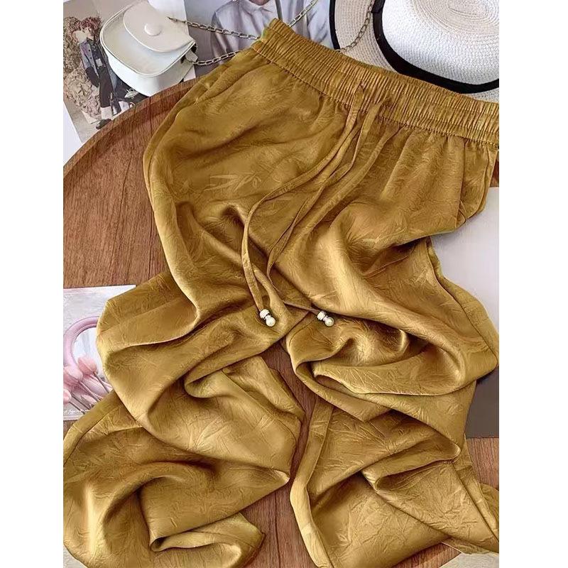 Women's High Waist Wide Leg Pants Drawstring Trousers Straight Leg Jacquard Vintage Casual Spring Long Pants