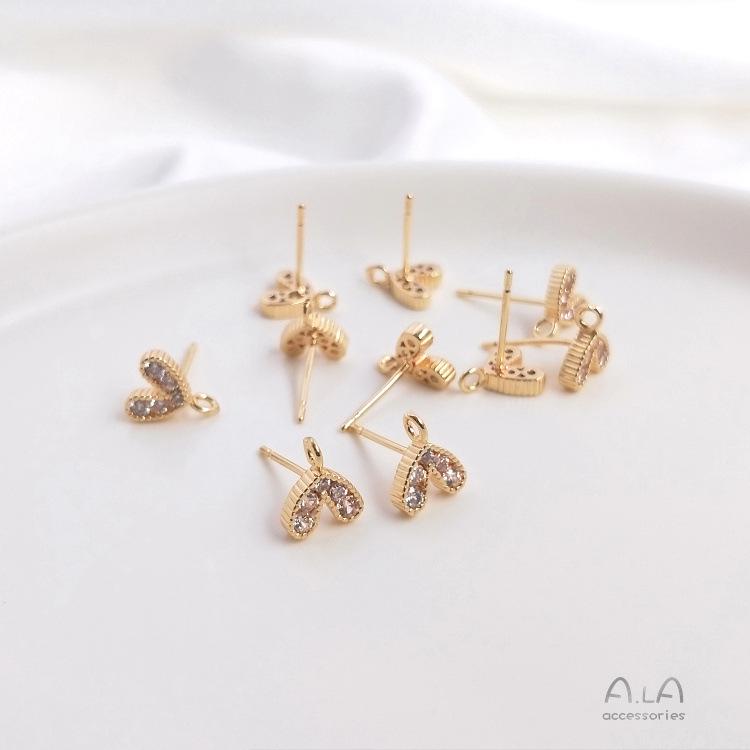 14K Gold-Filled Zircon Inlaid Peach Heart Stud Earrings with 925 Silver Post and Jump Ring