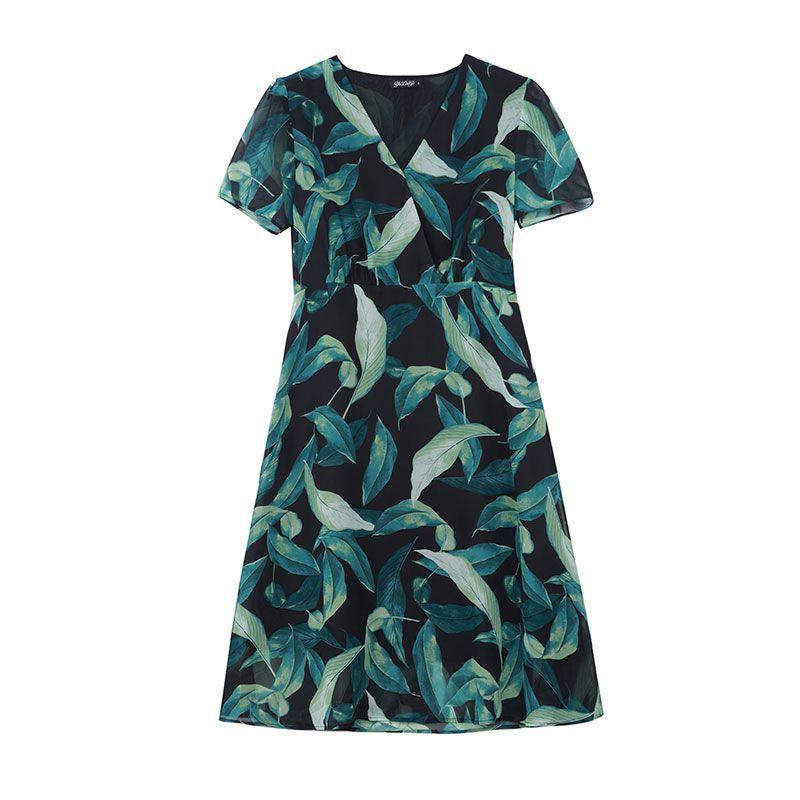 

Summer New Cross V-neck Short Sleeve Waist-Controlled Chiffon Dark Green Print Dress Mid Length Long Length Sexy Slimming Dark green 2XL