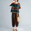 Completi Casual Donna Moda Set T-shirt Estivi Larghi Letterari Retro Strisciato Manica Corta Pantaloni Harem Set 2 Pezzi