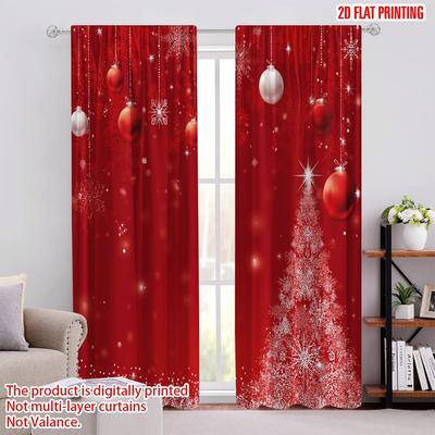 2pcs,2D Plane Printing Creative Curtains Xmas Ball Glitter Sparkle Snow Polyester Easy Install (without Rod) Holiday Use for