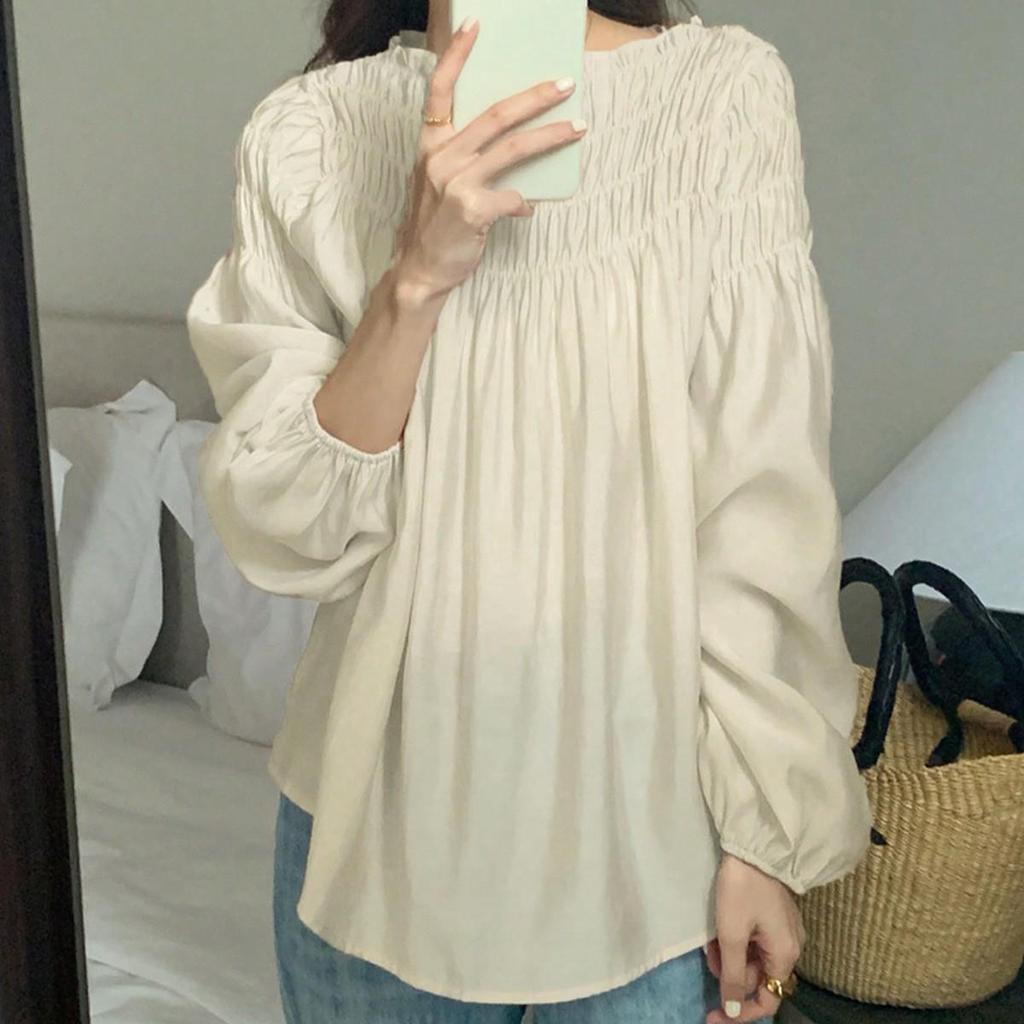 Camicetta da Donna in Chiffon con Pieghe, Maniche a Sbuffo e Scollo Tondo - Stile Giapponese & Coreano, Primavera/Autunno, Design Off-the-Shoulder