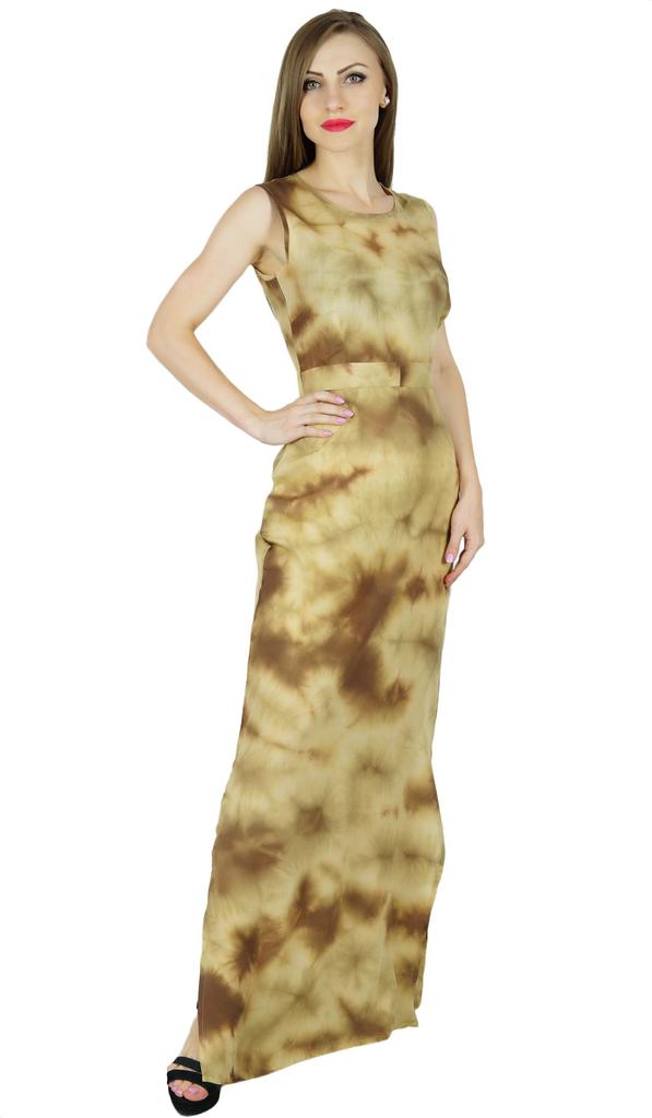 Bimba Women Long Rayon Maxi Dress Tie & Dye Brown Summer Wear Sleeveless