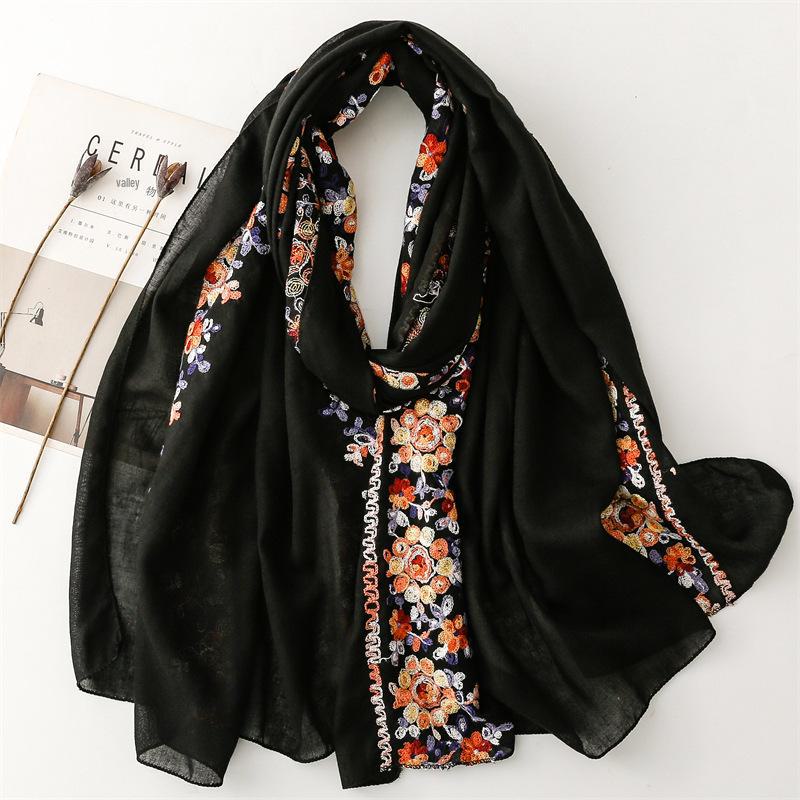 Ethnic Embroidered Cotton-Linen Silk Scarf: Warm, Curled Edge, Travel Sunscreen Shawl for Women