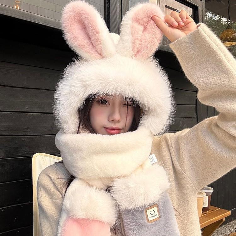 Rabbit Ears Hat Season Girl Scarf Gloves Integrated Hooded Scarf Cute Thickened Warm Plush Three-piece Set