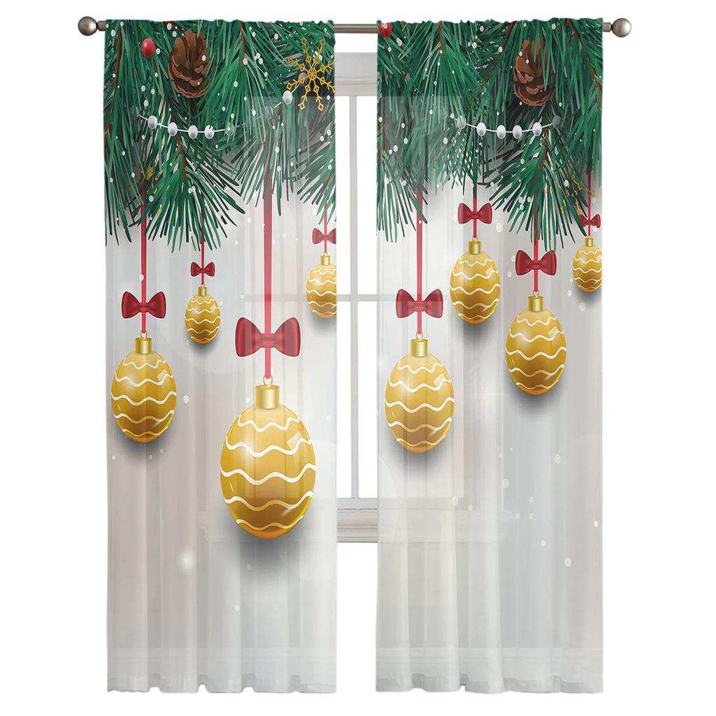 Christmas Golden Decoration Ball Sheer Curtains for Living Room Decoration Window Curtains Kitchen Tulle Voile Curtains