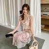 French Floral Print Dress, Spring/Summer 2026 – Elegant, Waist-Cinching, Slim-Fitting, Long Skirt.