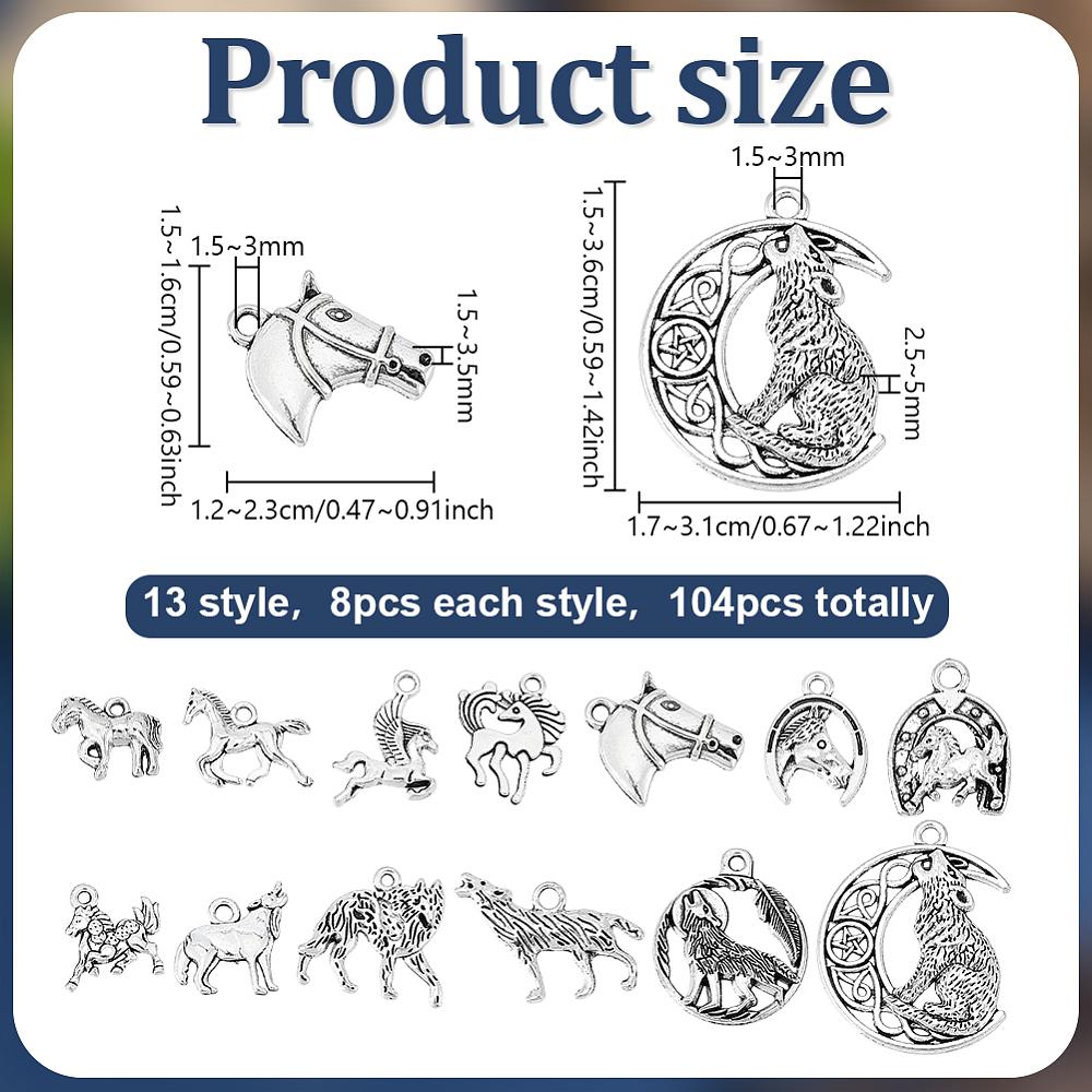 112Pcs Tibetan Style Alloy Pendants Horse Charms Antique Silver 12~36x15~31x1.5~5mm Hole: 1.5~3mm