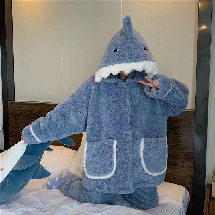 Women's Cute Shark Hooded Pajamas: Thickened Coral Fleece for Warmth, Perfect for Winter Lounging and Outdoor Wear.