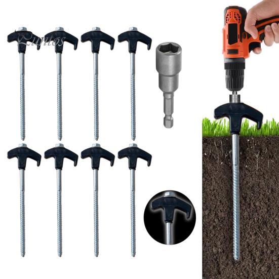 8Pcs Tent Stakes Heavy-Duty Metal Camping Stakes Threaded Anchors Set Up with Drill or Hammer Superior Grip Tent Pegs On Grass Soil Gravel for Canopy