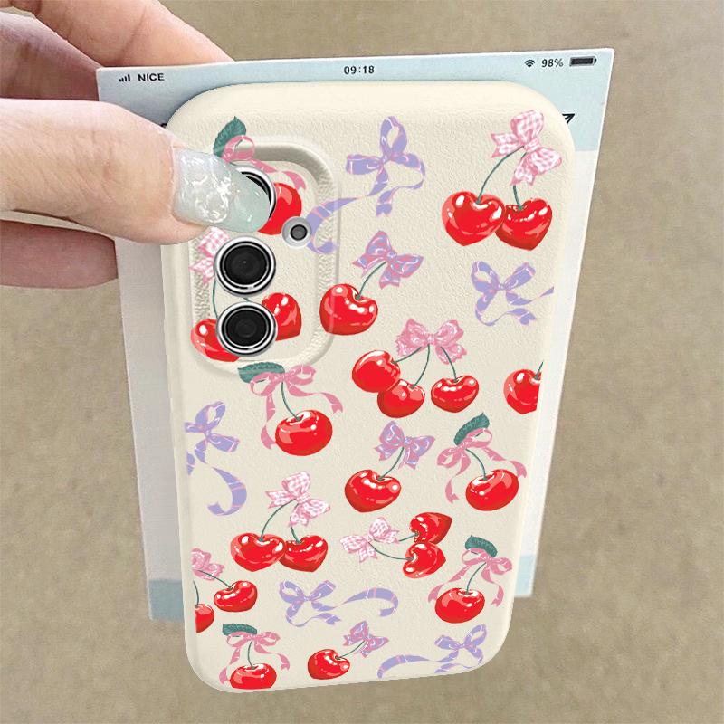 Cartoon Cherry Fruits Case For Samsung S26 Ultra S25 A18 S24 S23 S22 S21 FE A15 A16 A17 A35 A36 A37 A54 A55 A56 A57 Leather Texture Silicone Cover