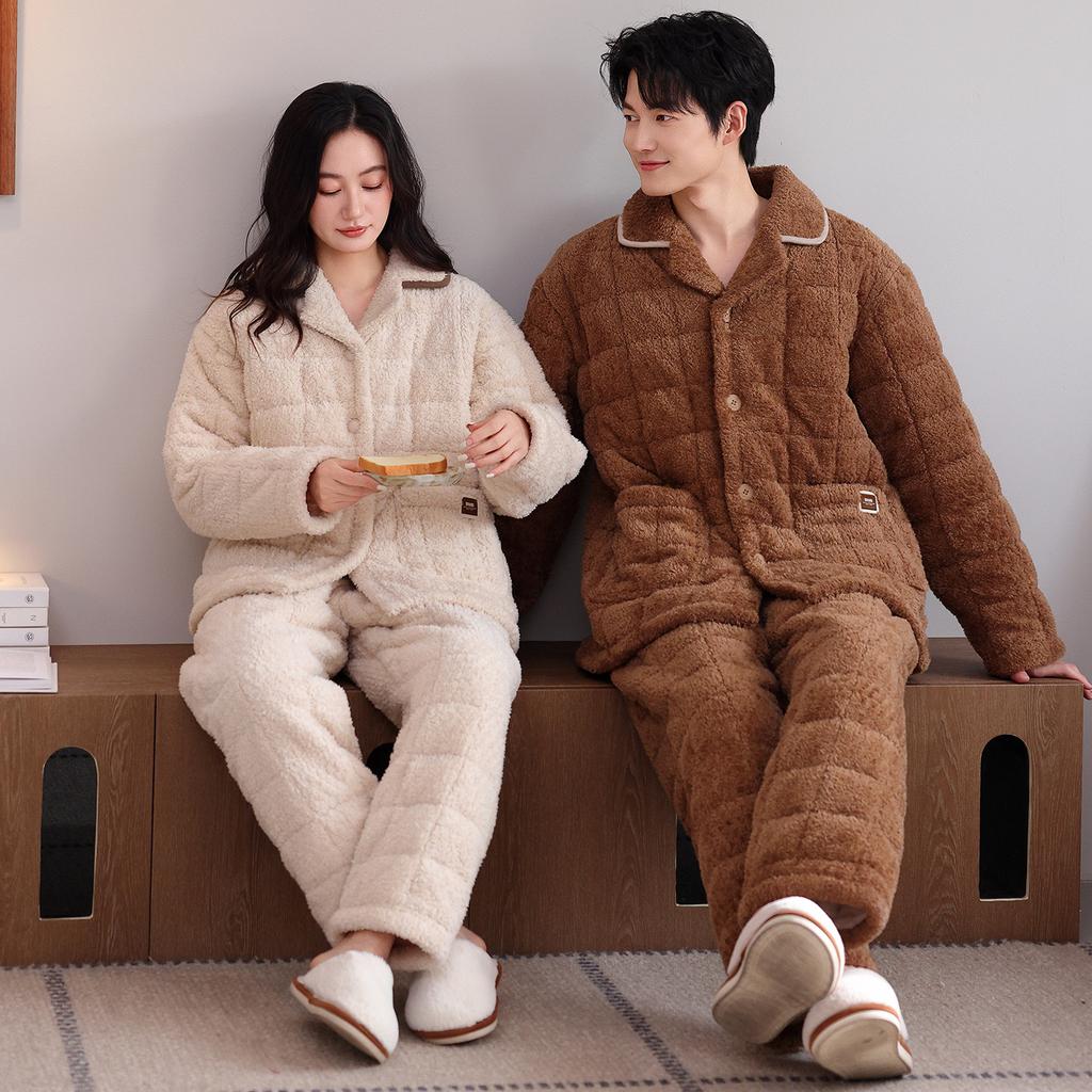 [Super thick] Three-layer padded couple pajamas women's winter thickened and velvet suit warm men's padded jacket loungewear