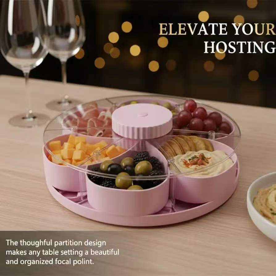 Divided Snack Serving Tray With Spin Function For Home Party And Gift Use
