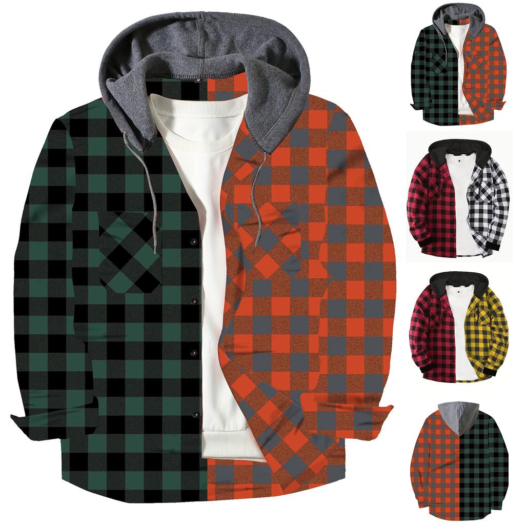 Men's Color Blocking Striped Plaid Casual Loose Button Lapel Long Sleeve Hooded Cardigan Shirt Jacket