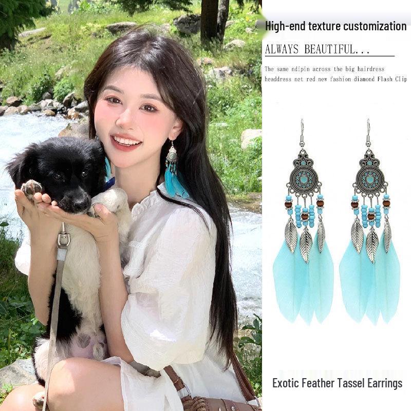 Bohemian Ethnic Long Tassel Feather Dangle Earrings for Women - Retro Prairie Vacation Style Accessories