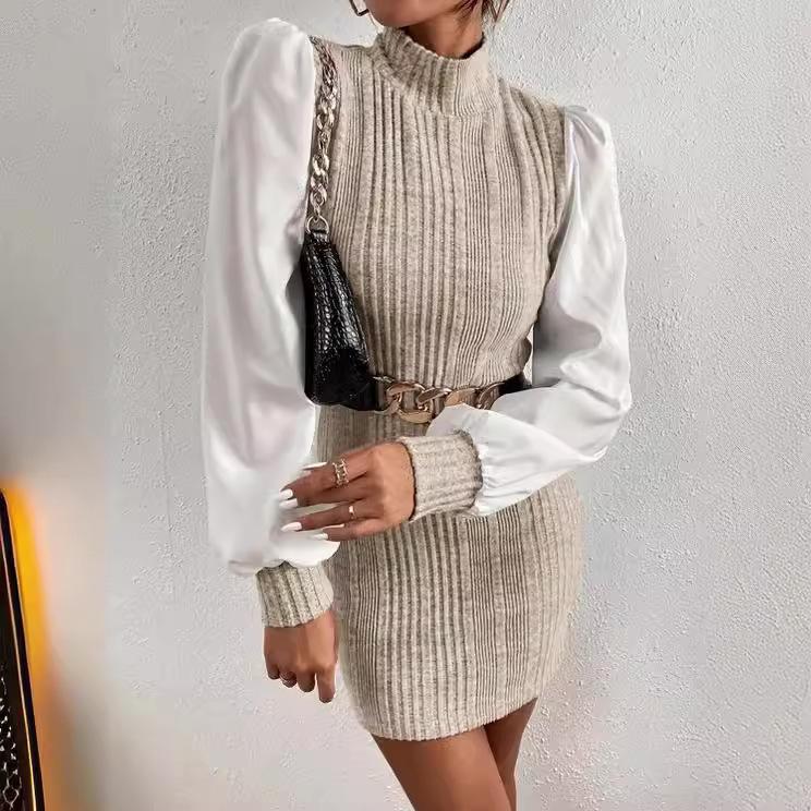 2025 Stylish European and American High Neck Ribbed Patchwork Slim Fit Long Sleeve Dress M слоновая кость