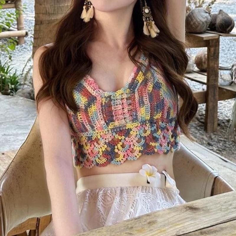 Tassel Crop Tops Retro Wild Hollow Perspective Sexy Spaghetti Strap Tanke Top Women Built In Bra New Back Lace Halter Neck