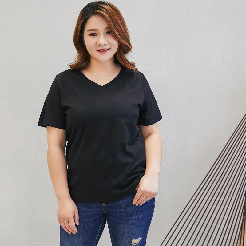 Women's Summer Short-Sleeve Loose-Fit Solid Color Plus Size T-Shirt V-Neck Elegant Commuter Base Layer