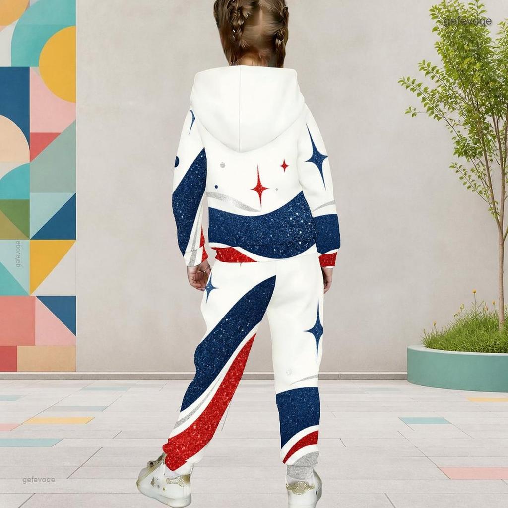 Girls Hooded Long Sleeve Star Printed Two Piece Set Red Blue White Kangaroo Pocket Cuffed Pants