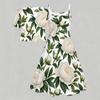 Women Plus Size Two Piece Dress Set Floral Printed V Neck Short Sleeve Tie Front Shrug Strappy Flared Dress White Blue