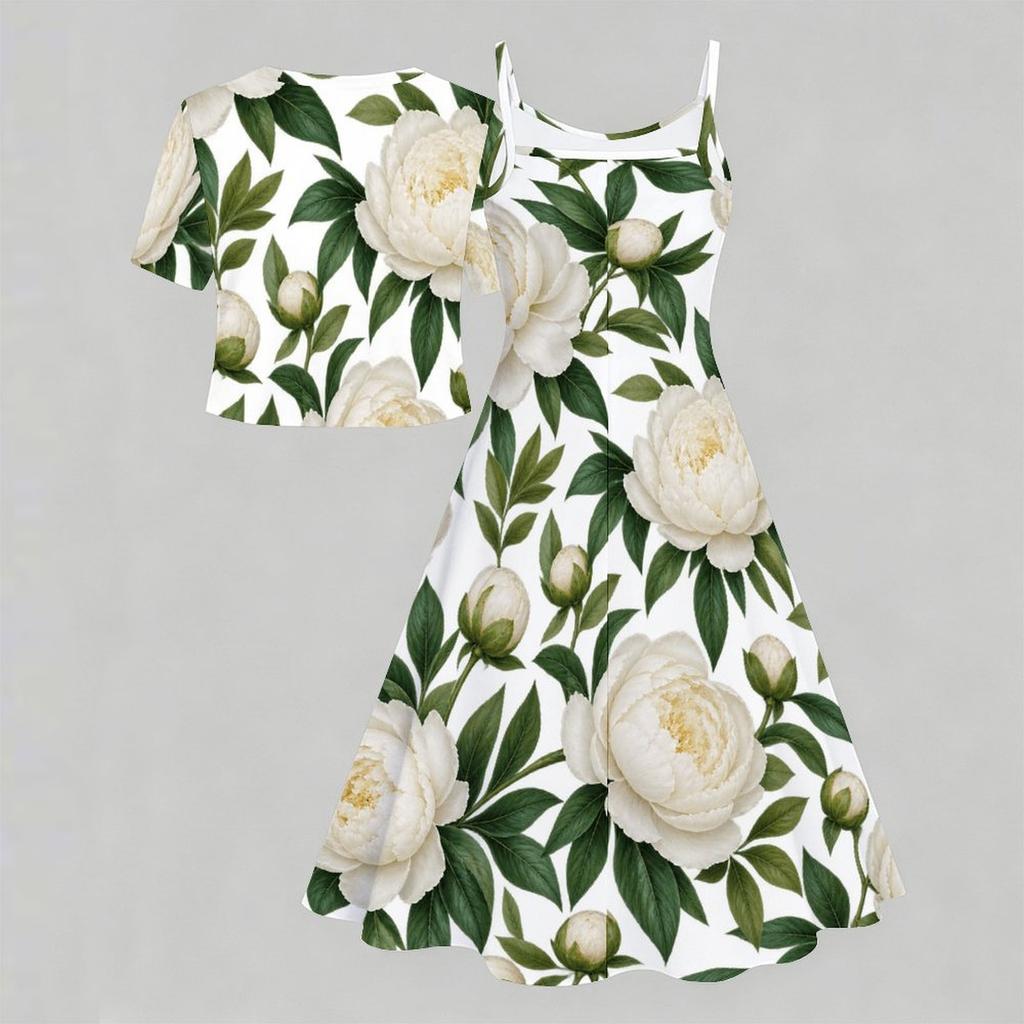 Women Plus Size Two Piece Dress Set Floral Printed V Neck Short Sleeve Tie Front Shrug Strappy Flared Dress White Blue